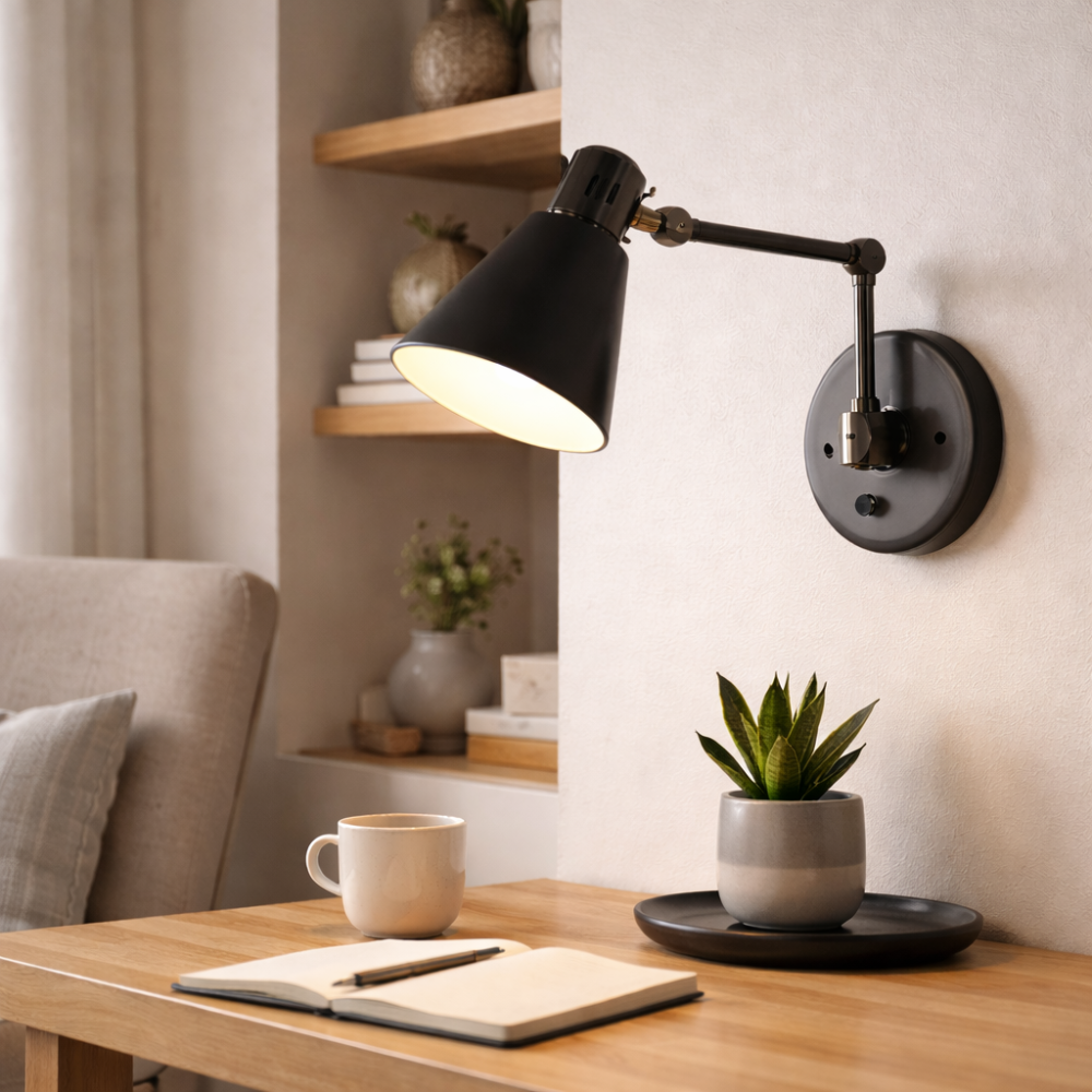 Black Adjustable Wall Light with Swing Arm and Metal Shade