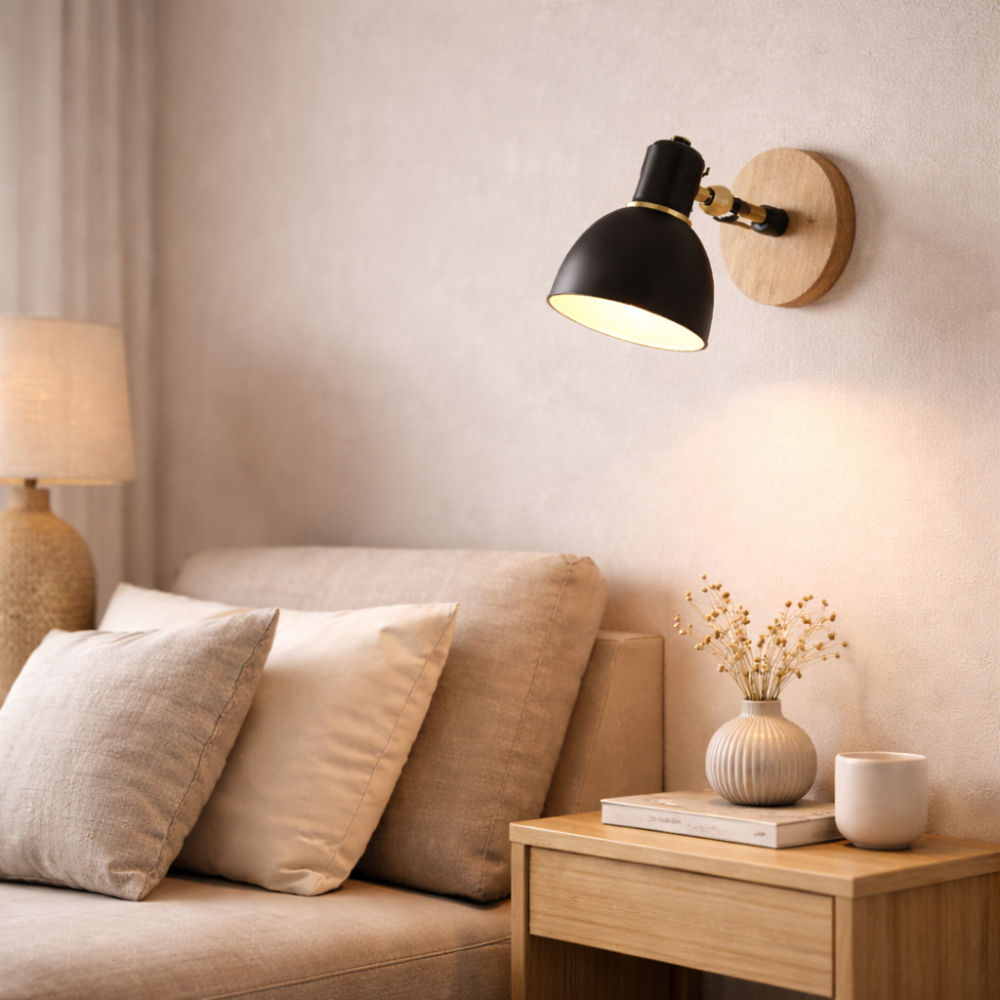 Black Wall Light with Adjustable Metal Shade and Wooden Mount