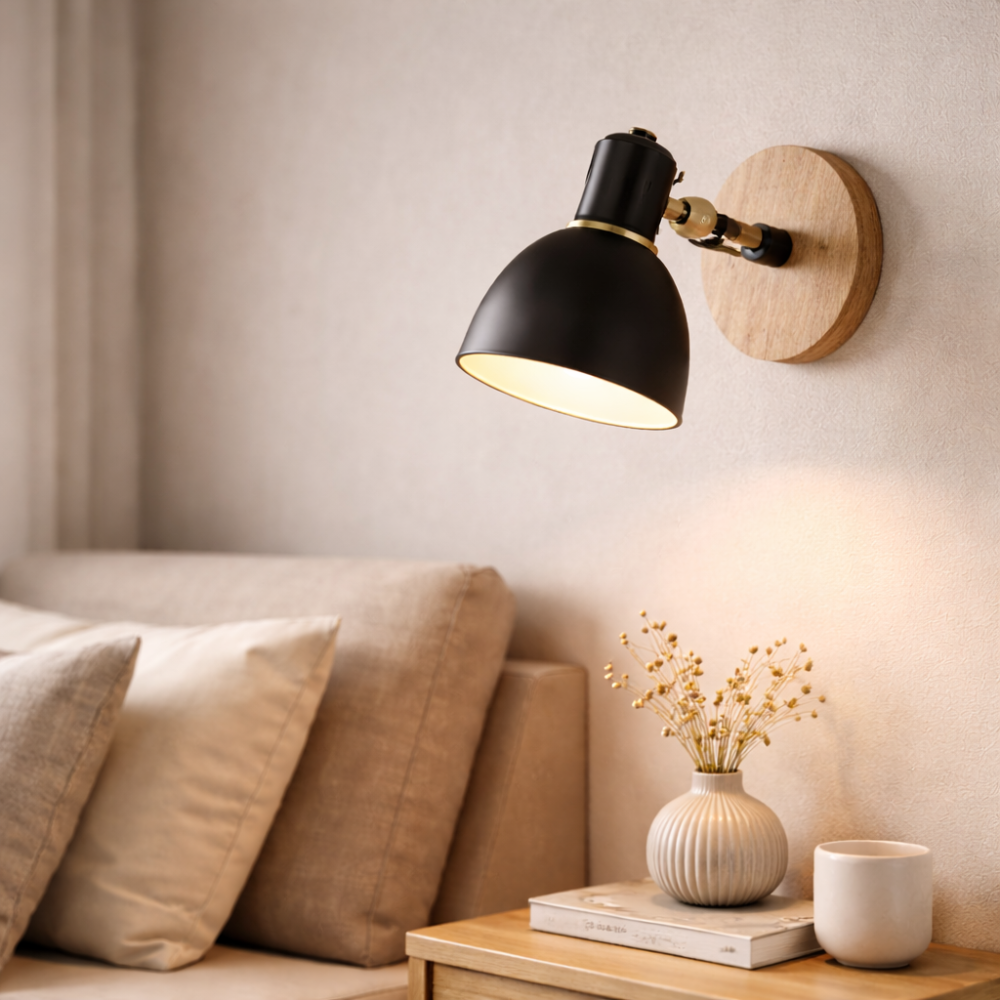 Black Wall Light with Adjustable Metal Shade and Wooden Mount