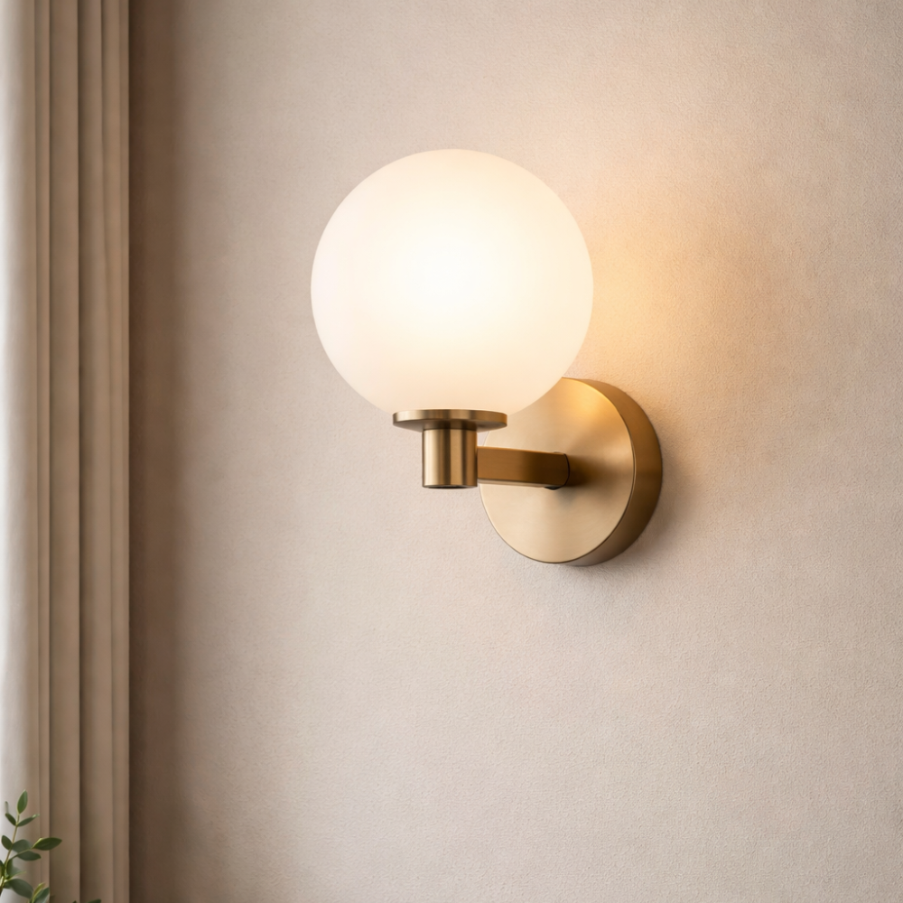 Brass Wall Light with Opal Glass Globe Shade