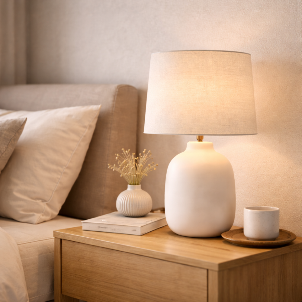 Ceramic Table Lamp with Fabric Shade for Bedroom and Living Room