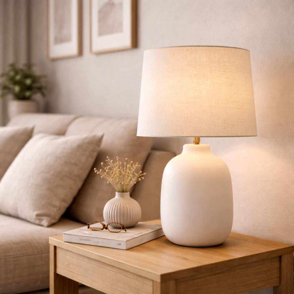 Ceramic Table Lamp with Fabric Shade for Bedroom and Living Room
