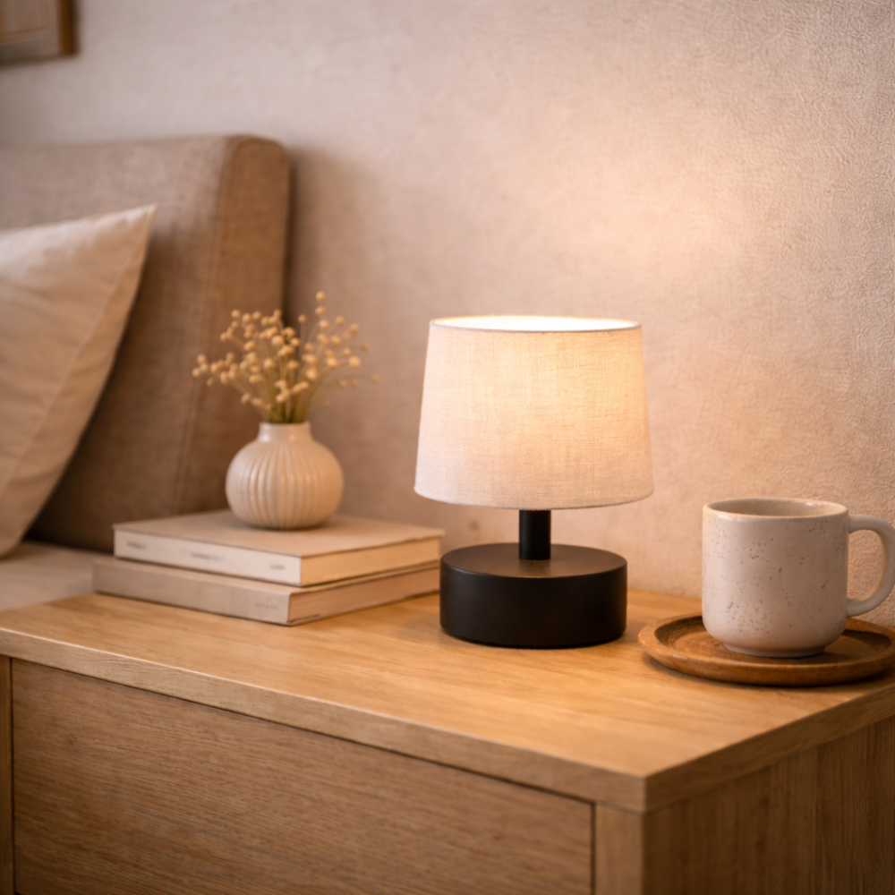 Small Fabric Shade Table Lamp with Black Base for Bedroom and Nightstand