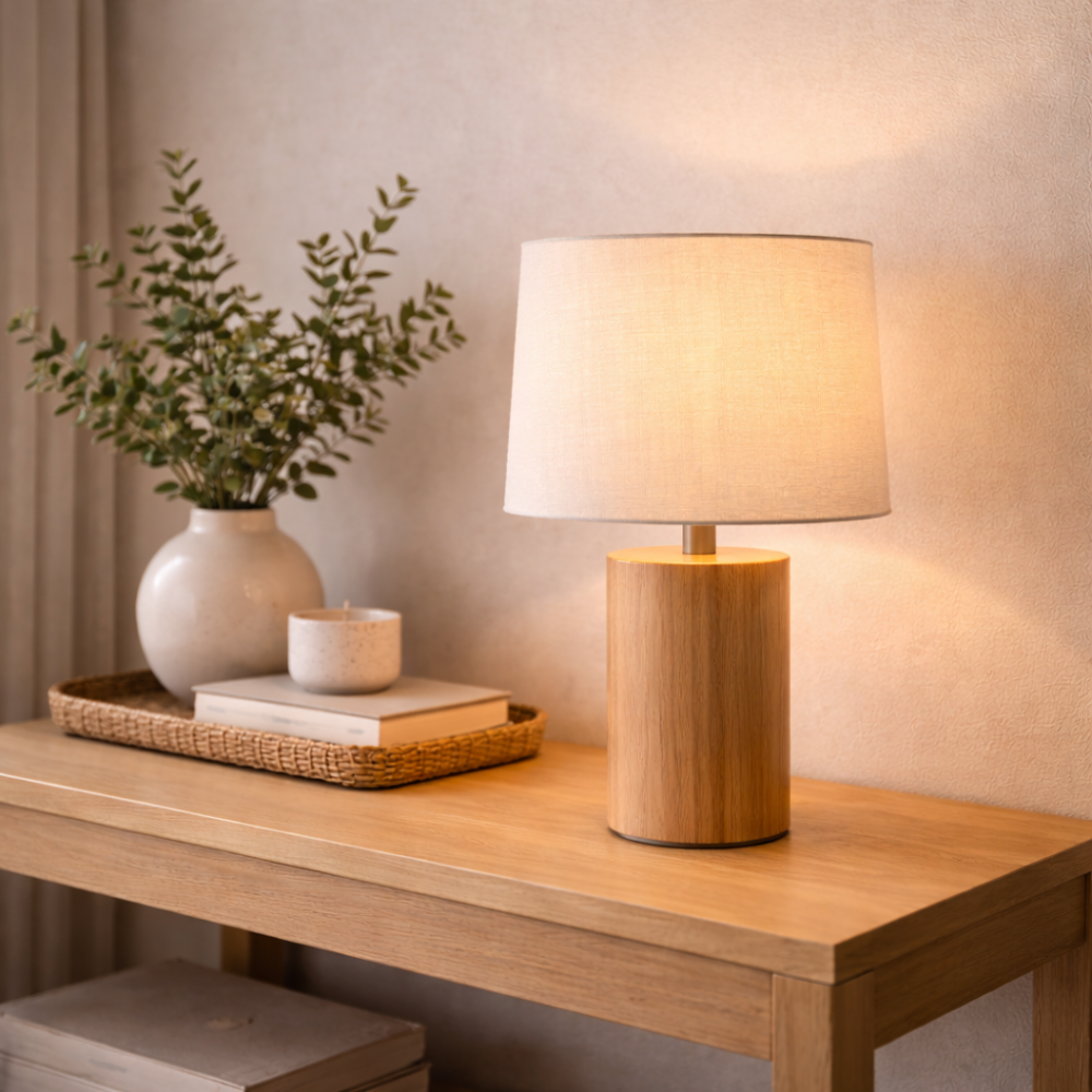 Wood Base Table Lamp with Fabric Shade for Living Room and Bedroom