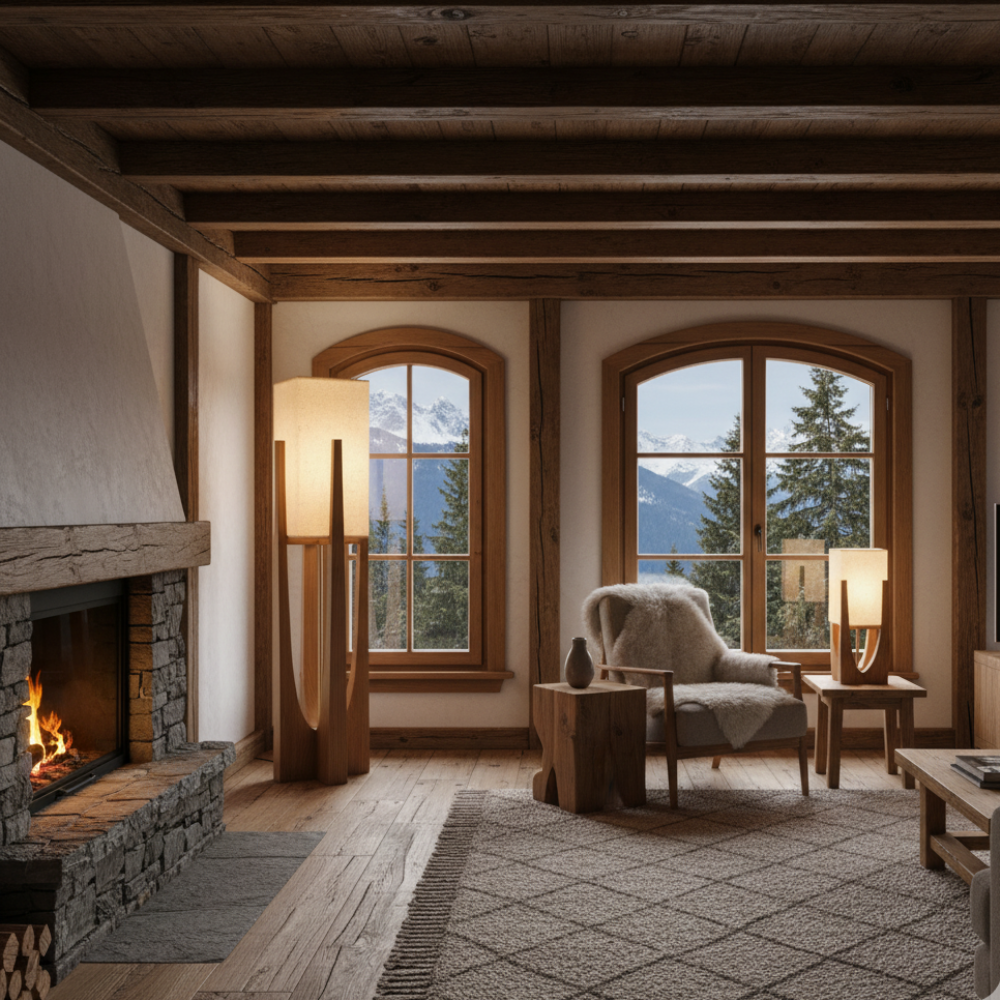 Holz-Tisch- und Stehleuchten-Set – Skandinavisches Design mit Stoffschirm