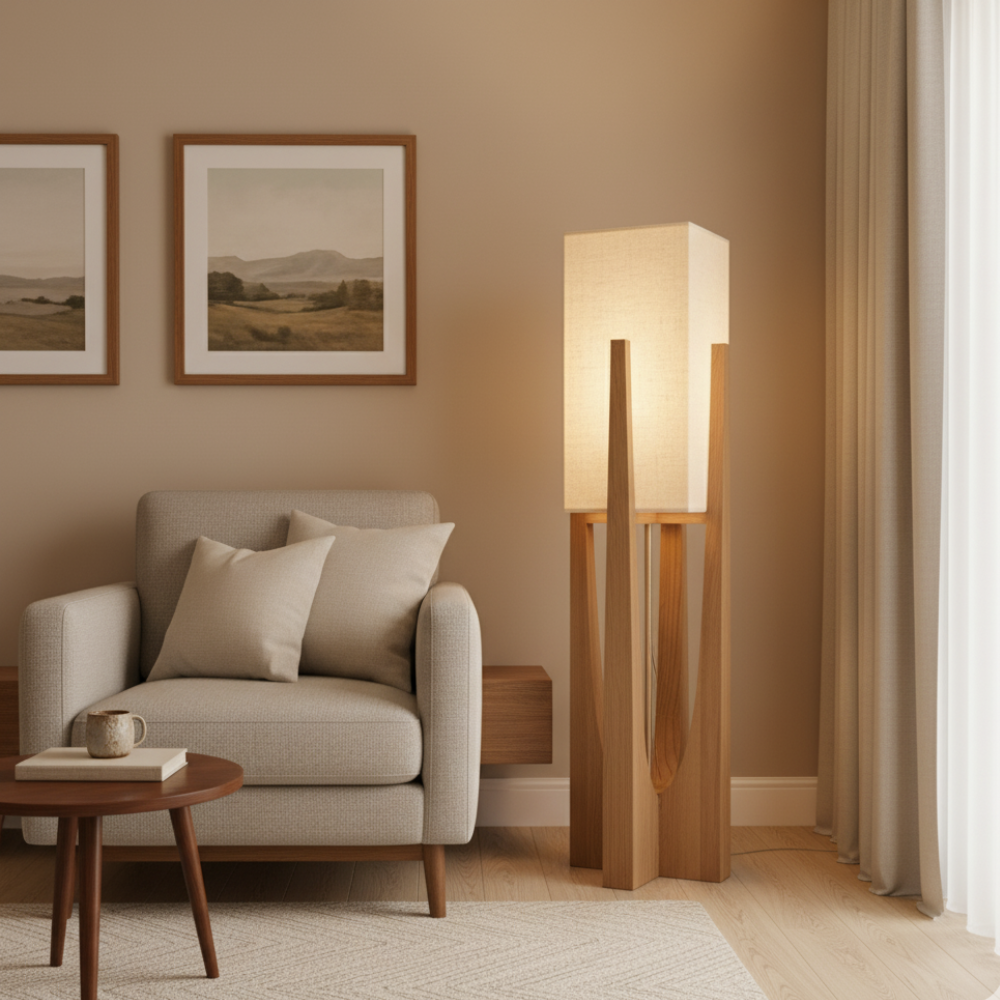 Holz-Tisch- und Stehleuchten-Set – Skandinavisches Design mit Stoffschirm