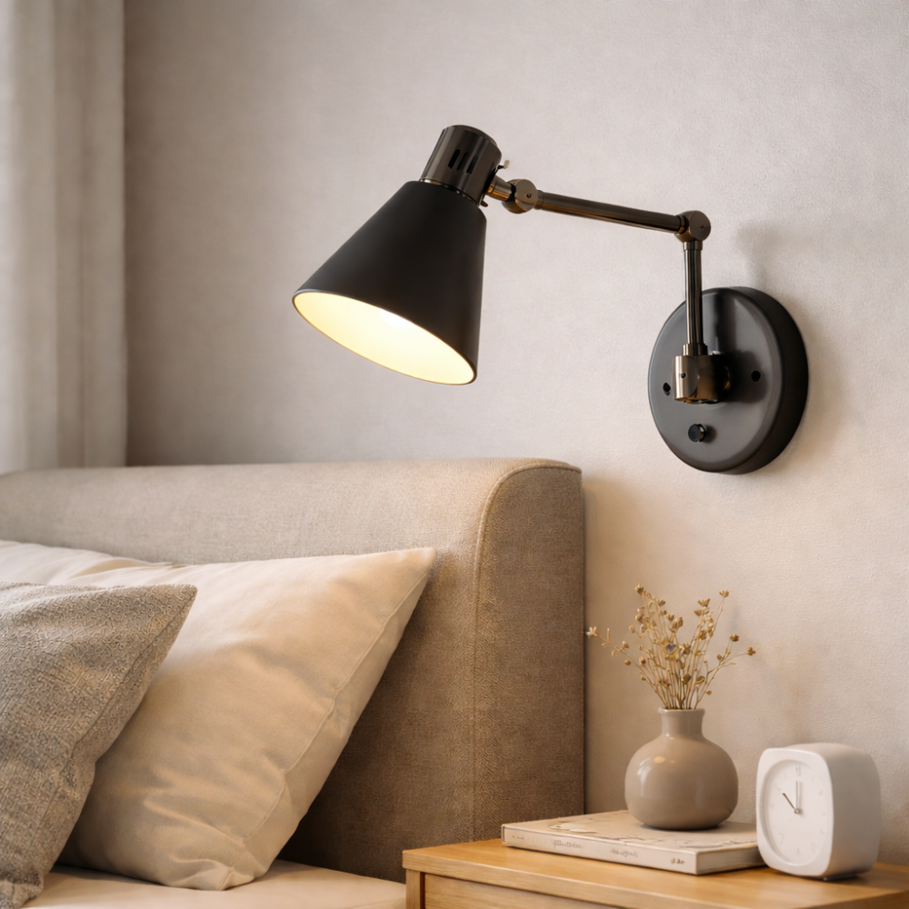 Black Adjustable Wall Light with Swing Arm and Metal Shade