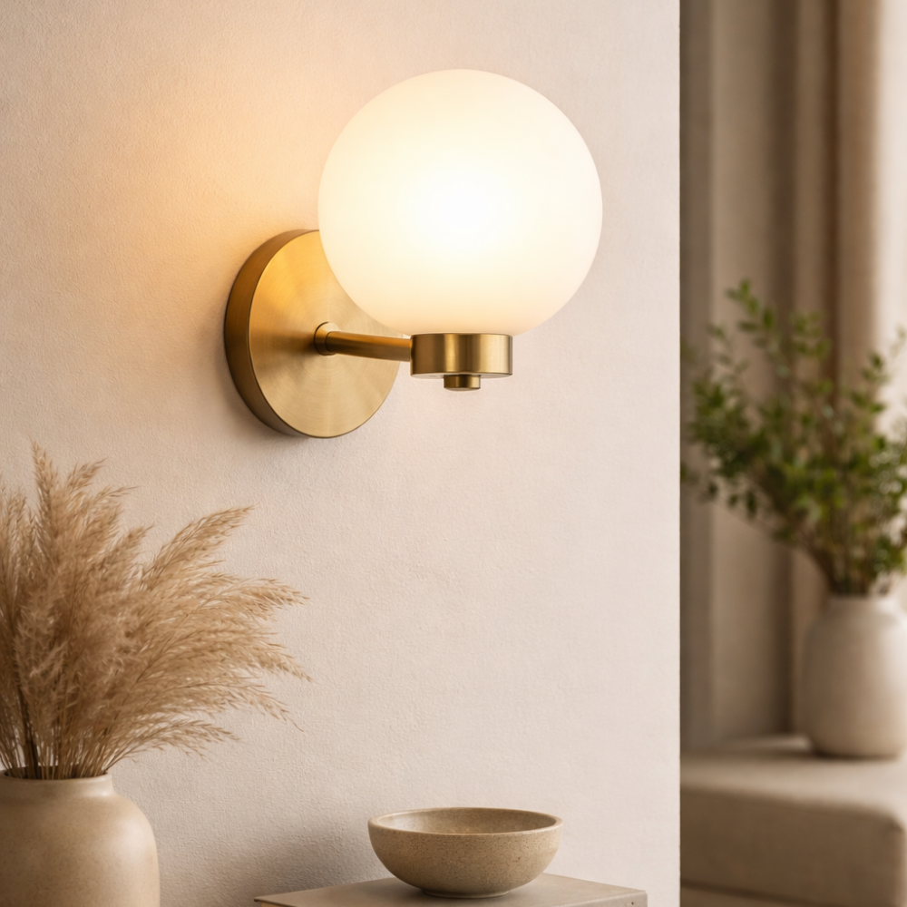 Brass Wall Light with Opal Glass Globe Shade