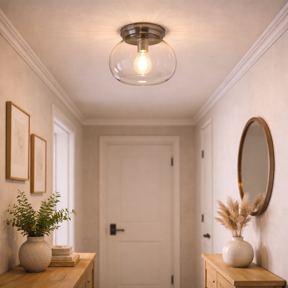Clear Glass Flush Mount Ceiling Light with Metal Base for Hallway and Entryway