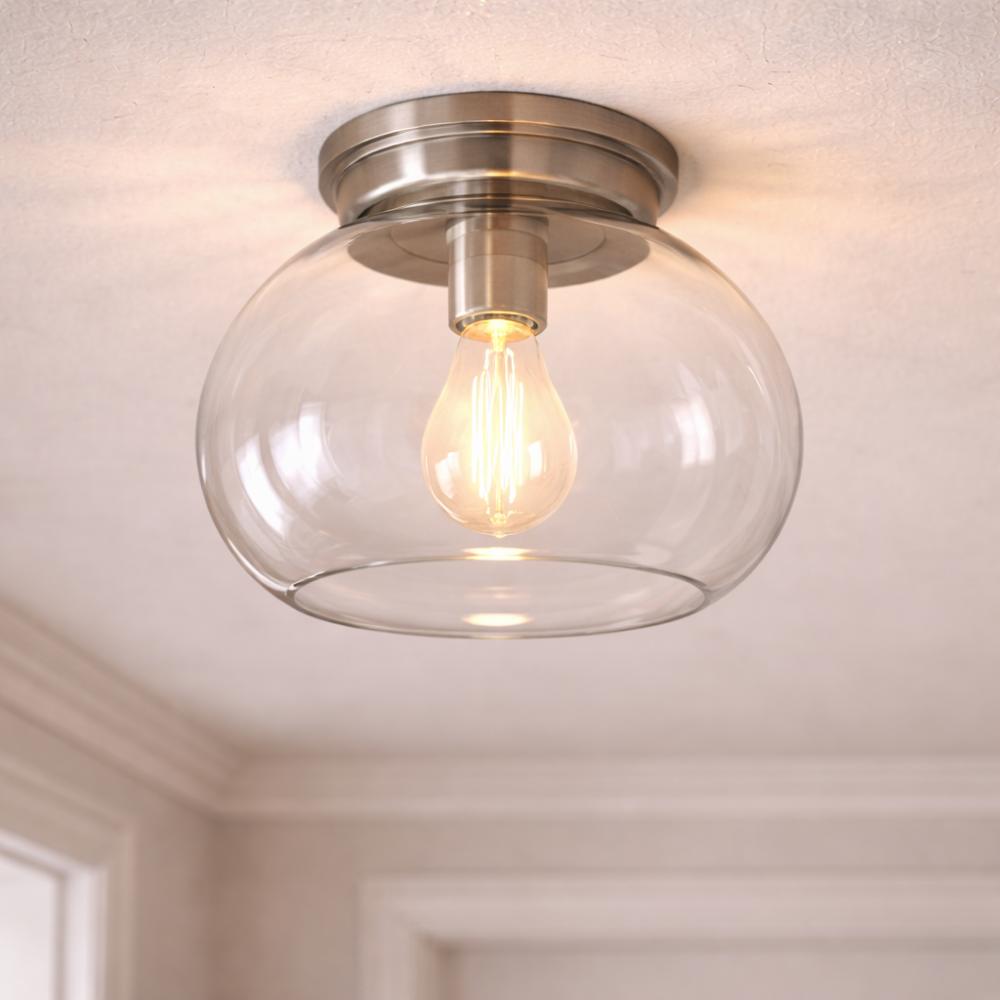 Clear Glass Flush Mount Ceiling Light with Metal Base for Hallway and Entryway