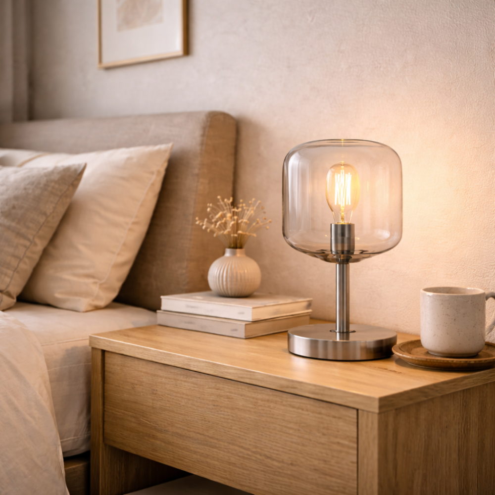 Glass Table Lamp with Clear Dome Shade for Bedroom and Living Room