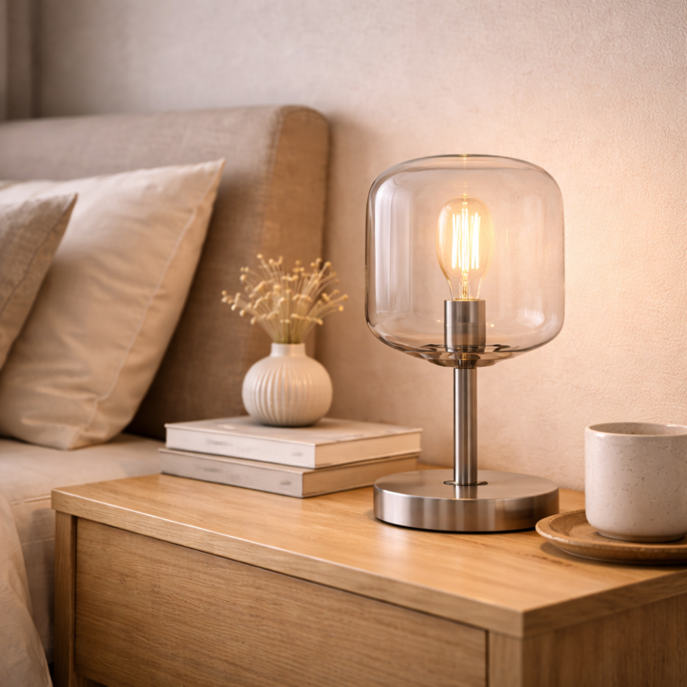 Glass Table Lamp with Clear Dome Shade for Bedroom and Living Room