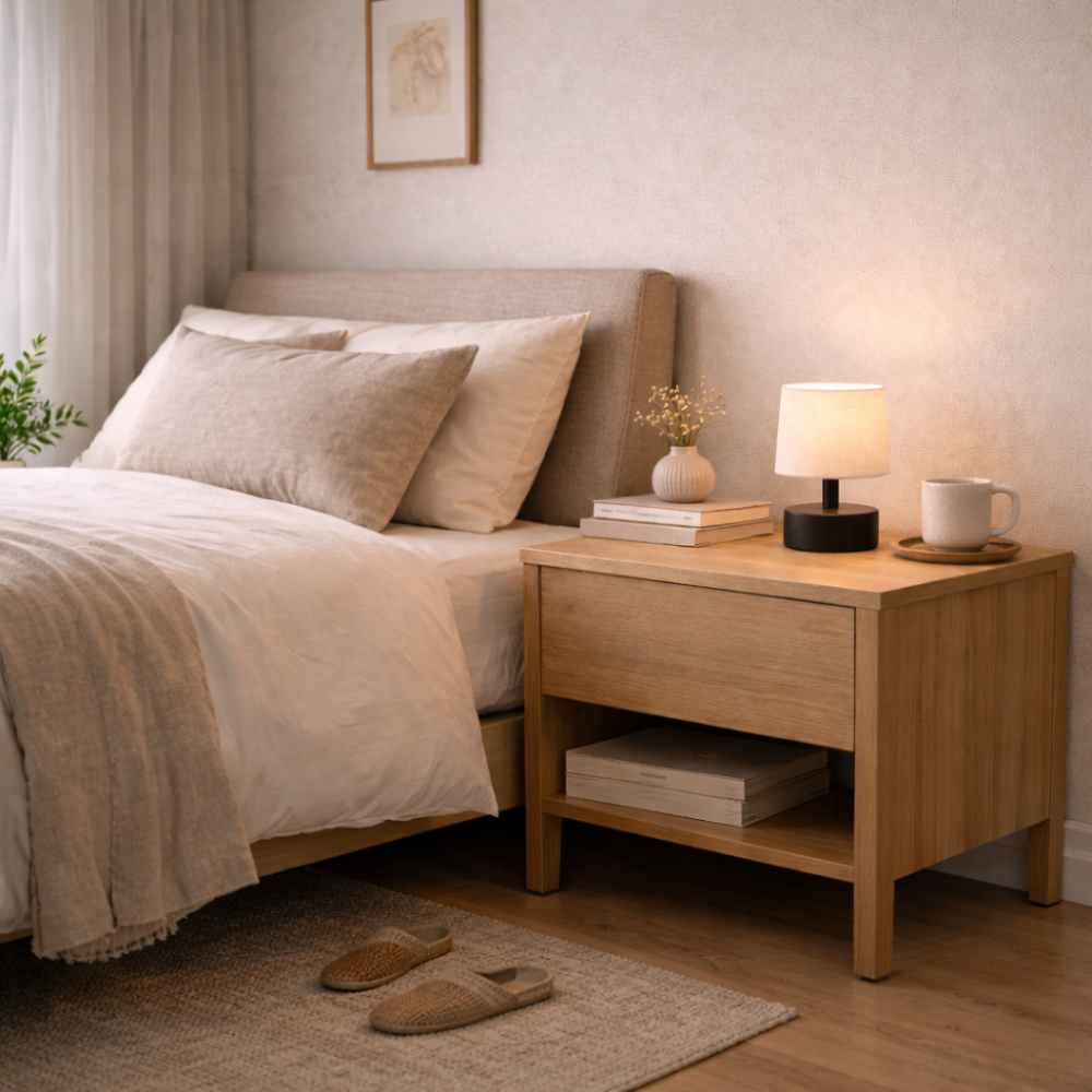 Small Fabric Shade Table Lamp with Black Base for Bedroom and Nightstand