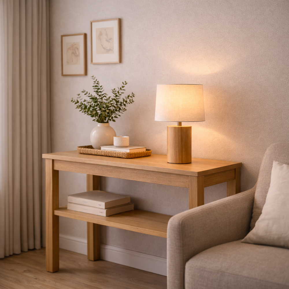 Wood Base Table Lamp with Fabric Shade for Living Room and Bedroom